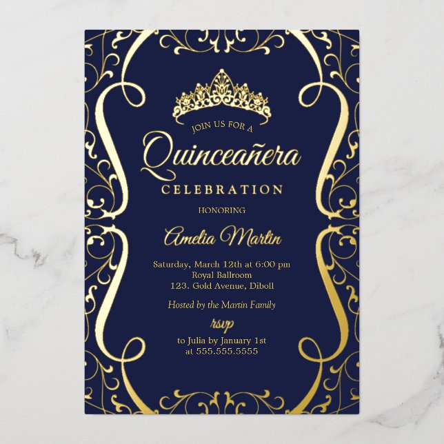 Invitación Con Relieve Metalizado Navy Gold Swirl Elegant Quinceanera  (Anverso)