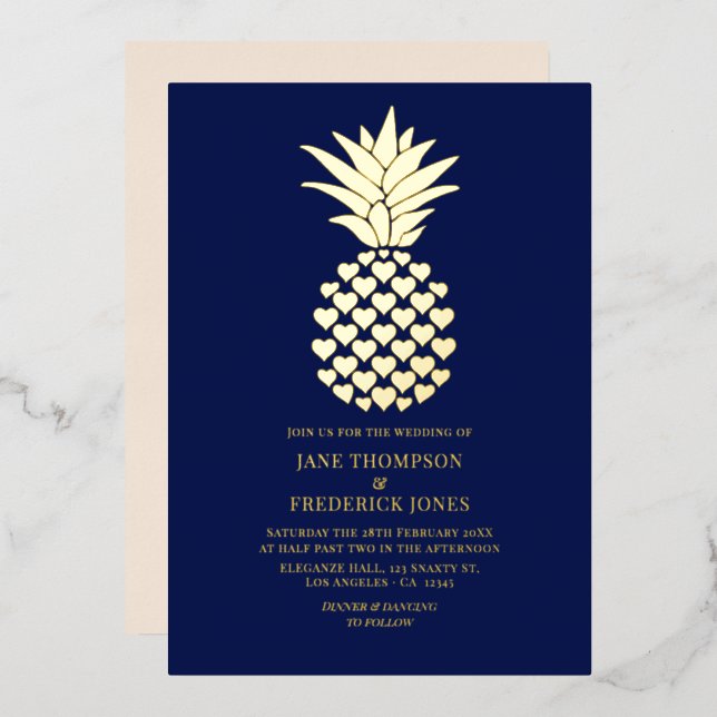 Invitación Con Relieve Metalizado Navy & Gold Tropical Pineapple Wedding (Anverso/Reverso)