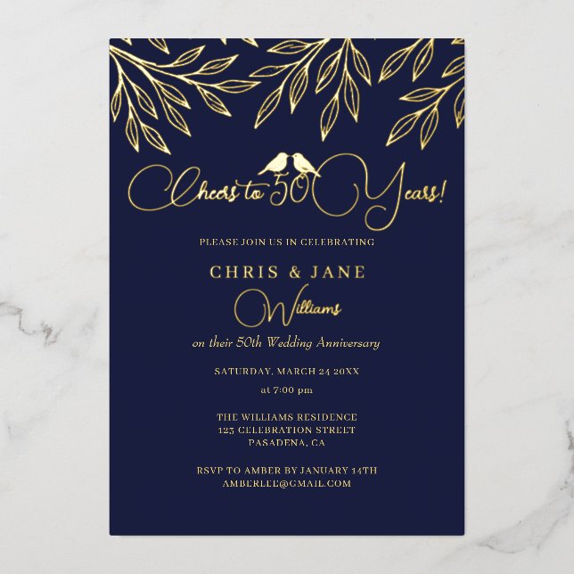 Invitación Con Relieve Metalizado Navy Love Birds 50th Wedding Anniversary  (Anverso)