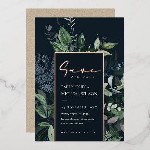 Invitación Con Relieve Metalizado Navy Negro Kraft Verde Hoja Fauna Guardar La Fecha