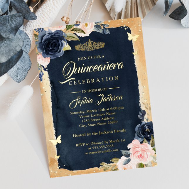 Invitación Con Relieve Metalizado Navy Quinceanera Floral Sparkle Gold Tiara (Subido por el creador)