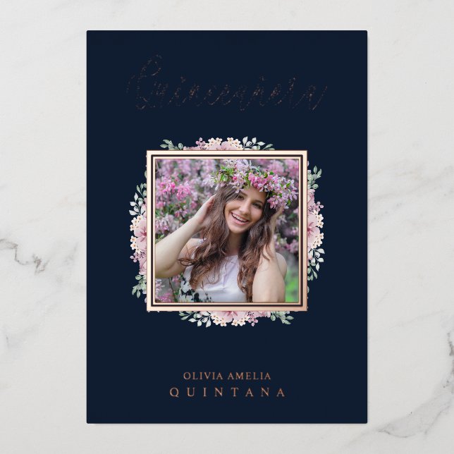 Invitación Con Relieve Metalizado Navy Quinceañera Trendy Garland Photo Spanish (Anverso)