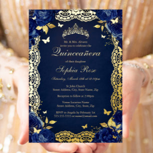 Invitación Con Relieve Metalizado Navy Rosa Encaje Mariposa Quinceañera Cumpleaños