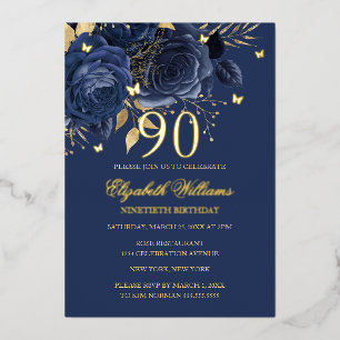 Invitación Con Relieve Metalizado Navy Rose Brillante Mariposa Cumpleaños 90 
