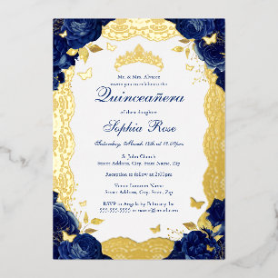 Invitación Con Relieve Metalizado Navy Rose Lace Quinceañera Cumpleaños 