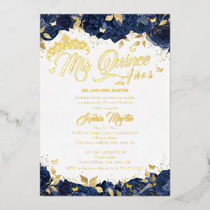 Invitación Con Relieve Metalizado Navy Rose Mis Quince Quinceañera Dorada