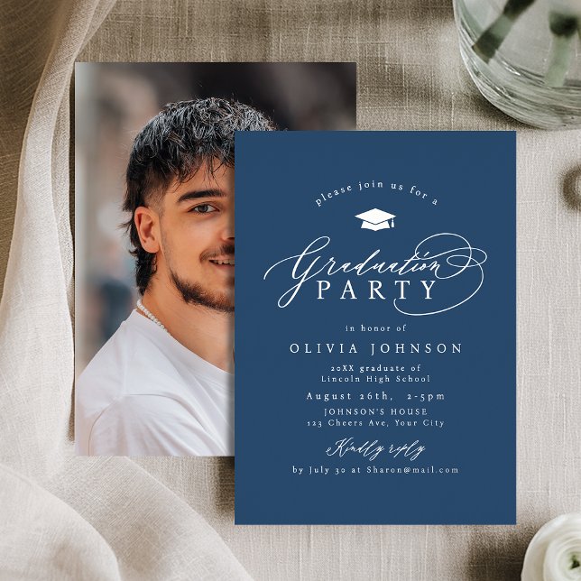 Invitación Con Relieve Metalizado Navy Silver Modern Calligraphy Photo Graduation (Navy Silver Modern Calligraphy Photo Graduation Foil Invitation)