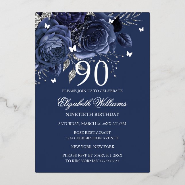 Invitación Con Relieve Metalizado Navy Silver Rose Butterfly 90th Birthday  (Anverso)