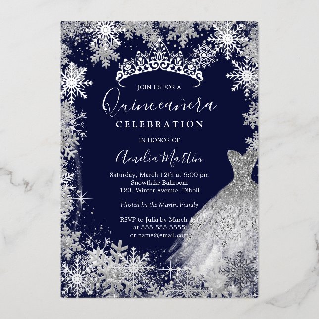 Invitación Con Relieve Metalizado Navy Snowflake Winter Quinceanera  (Anverso)