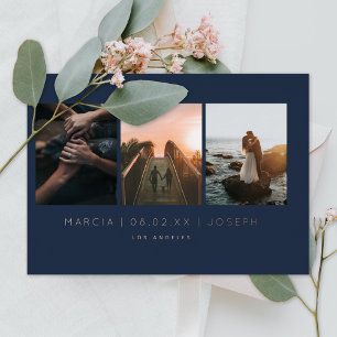 Invitación Con Relieve Metalizado Navy y Blush 3 Fotos Save the Date