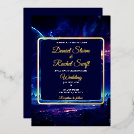 Invitación Con Relieve Metalizado Nebulosa Azul Cósmica Unión Celestial Boda