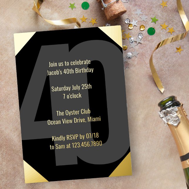 Invitación Con Relieve Metalizado Negra 40 cumpleaños lujo negro y oro (Luxe 40th Birthday Invitation in black and gold with Bold Oversized Number and Typography)