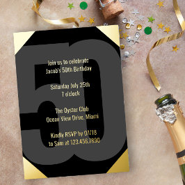 Invitación Con Relieve Metalizado Negra y dorada 50 cumpleaños