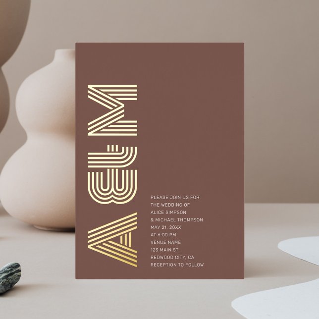 Invitación Con Relieve Metalizado Negrita Monograma Retro Boda Terracotta (Subido por el creador)