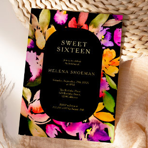 Invitación Con Relieve Metalizado Negrita otoño sobretamaño acuarela floral Dulce 16