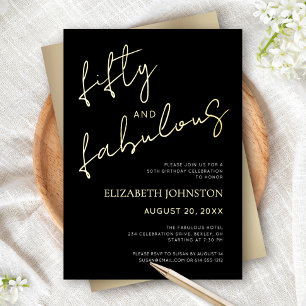 Invitación Con Relieve Metalizado Negro 50 Fabuloso Cumpleaños Script Simple Oro Rea