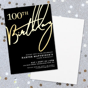 Invitación Con Relieve Metalizado Negro Cumpleaños número 100 de Oro
