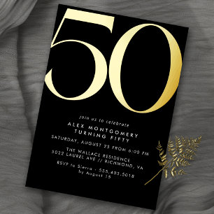 Invitación Con Relieve Metalizado Negro + Dorado Cumpleaños 50 de hombre o mujer U