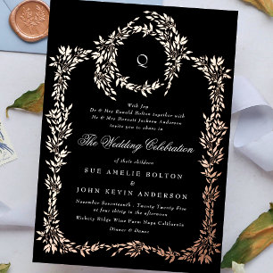Invitación Con Relieve Metalizado Negro elegante   Boda de Rosa de oro en monograma