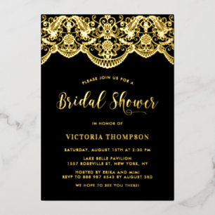 Invitación Con Relieve Metalizado Negro Elegante Floral Brocade Lace Bridal Shower