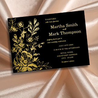 Invitación Con Relieve Metalizado Negro Floral Vintage Botánico Elegante Oro
