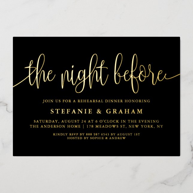 Invitación Con Relieve Metalizado Negro La noche antes del ensayo del guión (Anverso)