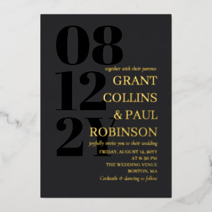 Invitación Con Relieve Metalizado Negro mate de oro con padres Boda de tipografía
