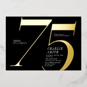 Invitación Con Relieve Metalizado Negro minimalista moderno y oro 75 años