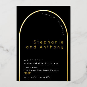 Invitación Con Relieve Metalizado Negro mínimo, Boda del arco de la rama blanca dora