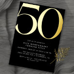 Invitación Con Relieve Metalizado Negro   Oro | Hombres o mujeres unisex 50 cumpleañ<br><div class="desc">Invitaciones modernas de 50 años con un gran título "50" en Relieve metalizado metálico real. Los detalles del evento se imprimen a continuación en una letra blanca mate. Contrastando oro en negro por un diseño elegante y neutral en género.</div>