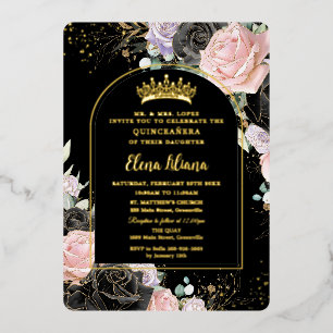 Invitación Con Relieve Metalizado Negro Rosa Púrpura Floral Oro Quinceañera Cumpleañ