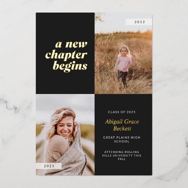 Invitación Con Relieve Metalizado Negro Un nuevo capítulo comienza la graduación (Anverso)