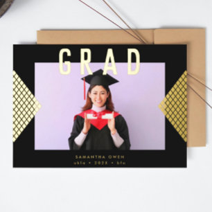 Invitación Con Relieve Metalizado Negro y Amarillo Geométrico Oro Universitario