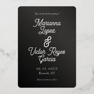 Invitación Con Relieve Metalizado Negro y blanco moderno ahorran la fecha