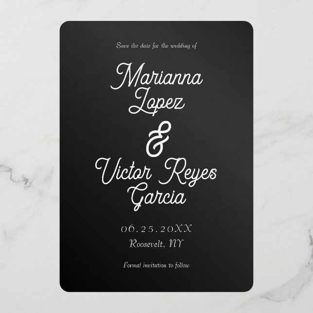 Invitación Con Relieve Metalizado Negro y blanco moderno ahorran la fecha (Reverso )