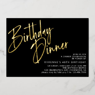 Invitación Con Relieve Metalizado Negro y Dorado Cena de Cumpleaños Moderna y Eleg