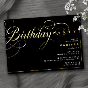 Invitación Con Relieve Metalizado Negro y Dorado Glamour Elegante Cumpleaños de Cu