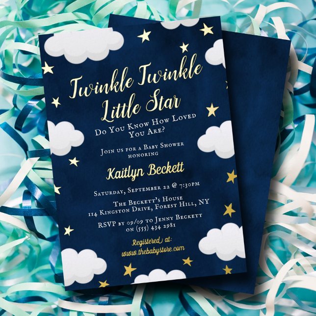 Invitación Con Relieve Metalizado Neutral Twinkle Little Star Baby Shower Real (Subido por el creador)