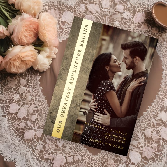 Invitación Con Relieve Metalizado Newly Engaged Wedding Modern Grunge Romantic Photo (Golden Newly Engaged Wedding Modern Grunge Romantic Photo Real Metallic Foil Save the Date Card.)