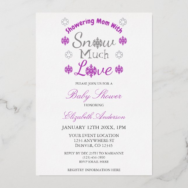 Invitación Con Relieve Metalizado Nieve mucho amor invierno Snowflake Baby Shower (Anverso)