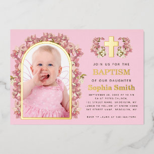 Invitación Con Relieve Metalizado Niña Bautizo Arco Floral Rosa Foto Orquídeas Dorad