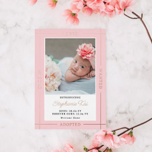 Invitación Con Relieve Metalizado Niña bebé adoptada rosa elegida amada presentación