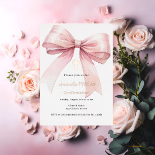 Invitación Con Relieve Metalizado Niña con lazo rosa confirmación en oro rosa