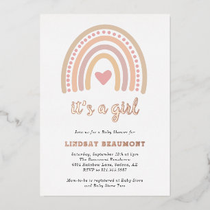 Invitación Con Relieve Metalizado Niña Corazón Dulce Boho Arcoíris Fiesta de Bebé Ro
