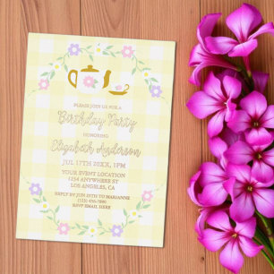 Invitación Con Relieve Metalizado Niña de cumpleaños 2 con té para dos