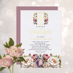 Invitación Con Relieve Metalizado Niña de Flores de Lavanda Oscura Bautizo Floral