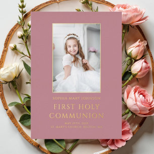 Invitación Con Relieve Metalizado Niña de foto rosa Primera Comunión oro