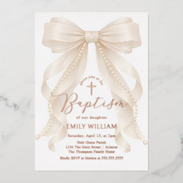 Invitación Con Relieve Metalizado Niña de Perlas en Arco Bautizo
