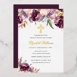 Invitación Con Relieve Metalizado Niña Floral Bautizo Acuarela Dorado Púrpura