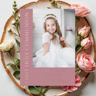 Invitación Con Relieve Metalizado Niña Moderna Foto Rosa Primera Comunión Dorada